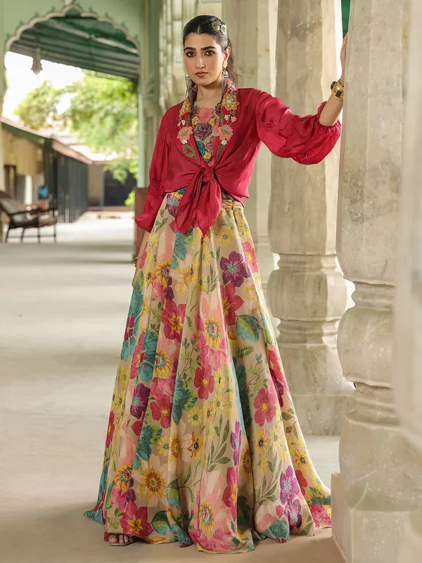 Stylish beige and maroon silk lehenga choli
