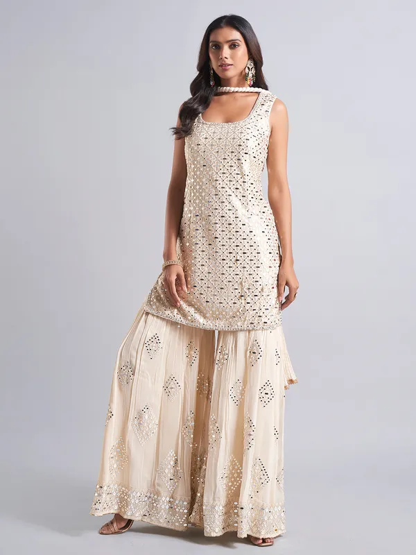 Stylish beige palazzo salwar suit in georgette