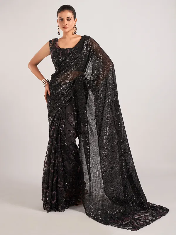 Stylish black net with designer saree