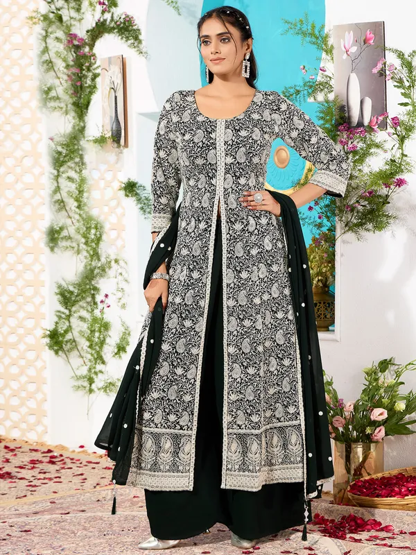 Stylish bottle green palazzo salwar suit in silk