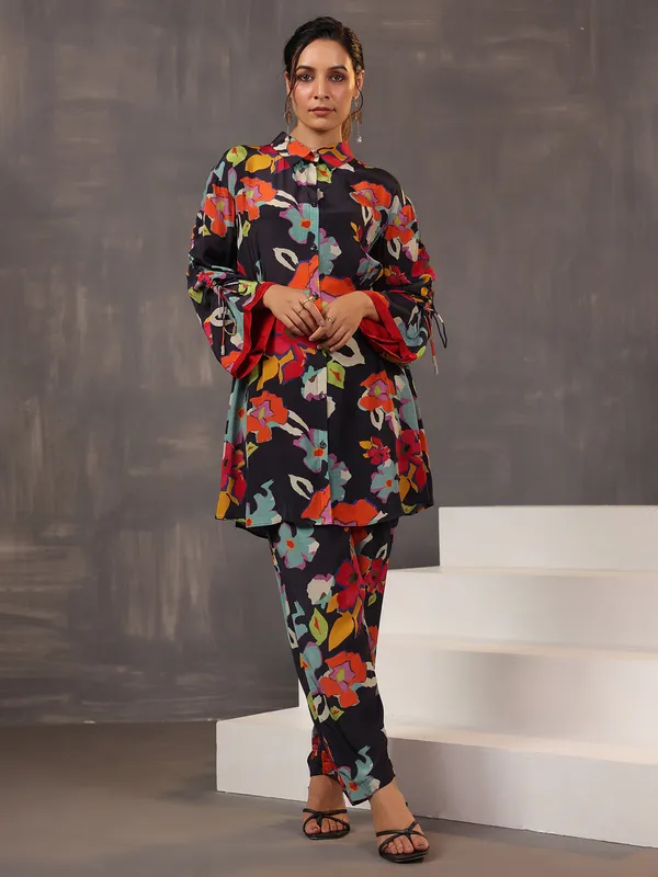 Stylish black printed co ord set in satin