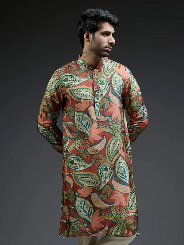 Stylish brown and green silk tropical printed kurta suit for men