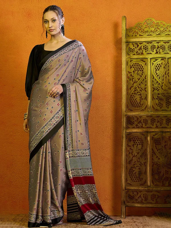 Stylish brown bhagalpuri silk saree with prints