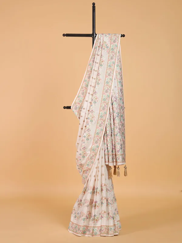 Stylish cream printed silk saree