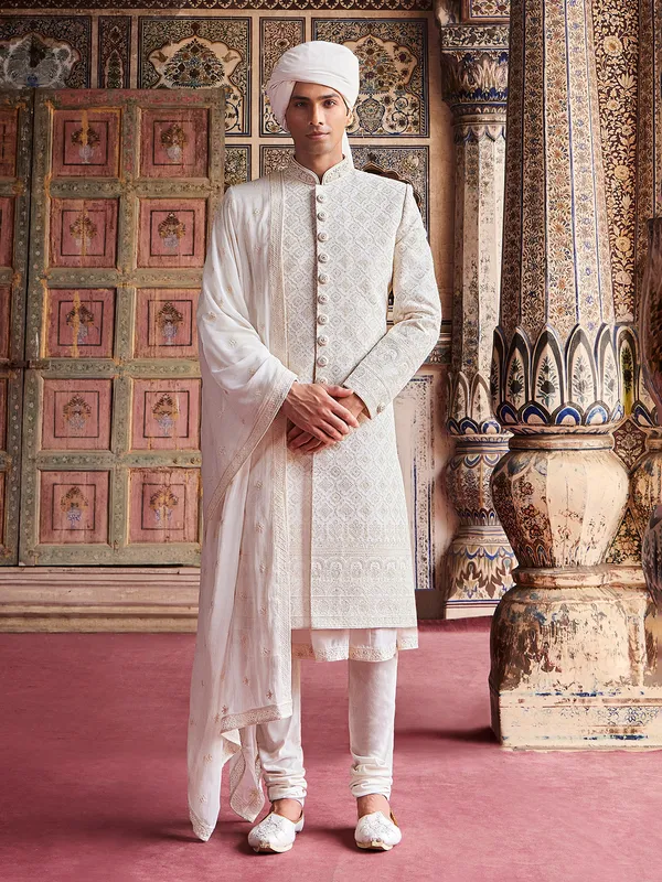 Stylish cream terry rayon sherwani