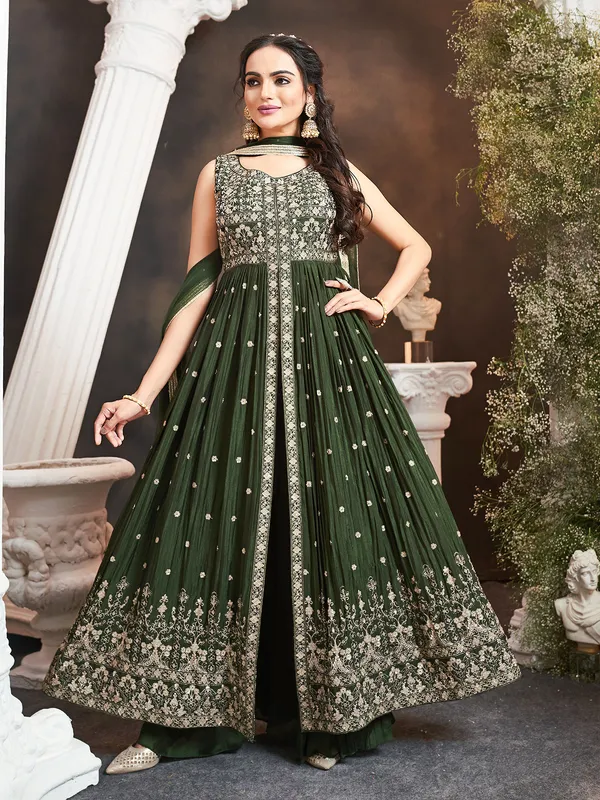 Stylish dark green silk palazzo suit