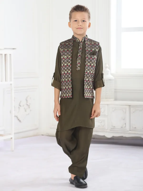 Stylish dark olive embroidered waistcoat set for boys