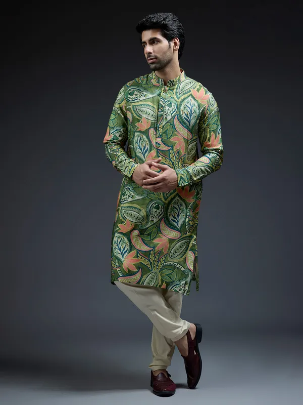 Stylish green silk tropical printed kurta suit for men