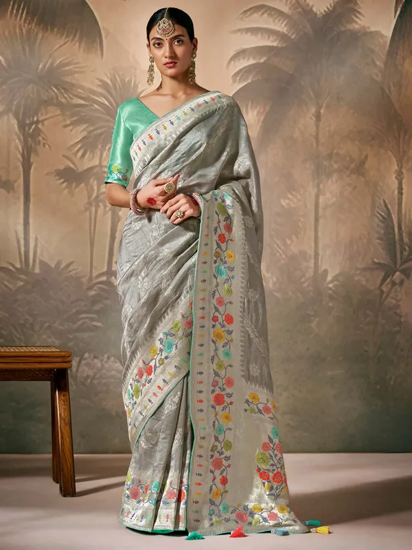 Stylish grey banarasi silk saree