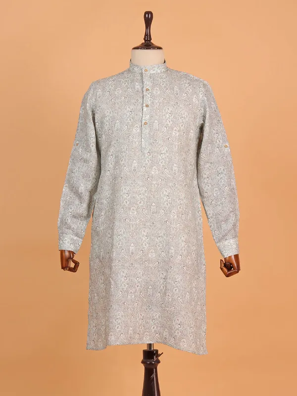 Stylish grey printed cotton kurta for men