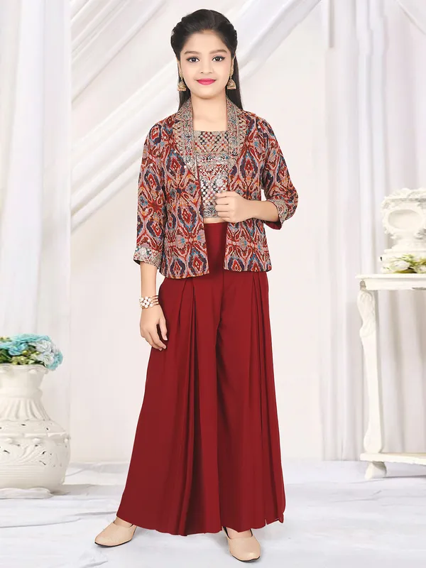 Stylish jacket style maroon printed palazzo set