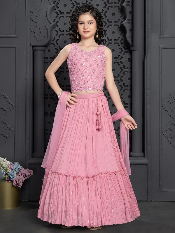 Stylish light pink silk lehenga choli for girls