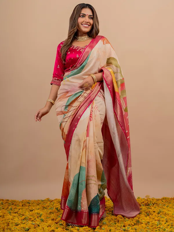 Stylish magenta and beige dola silk saree