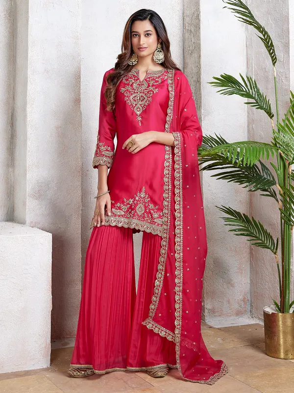 Stylish magenta silk sharara salwar suit