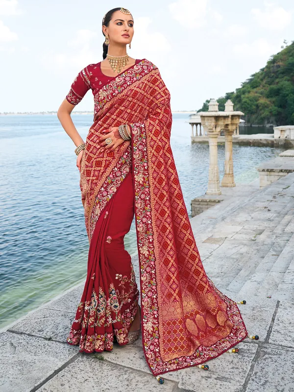 Stylish maroon bandhej and dola silk saree