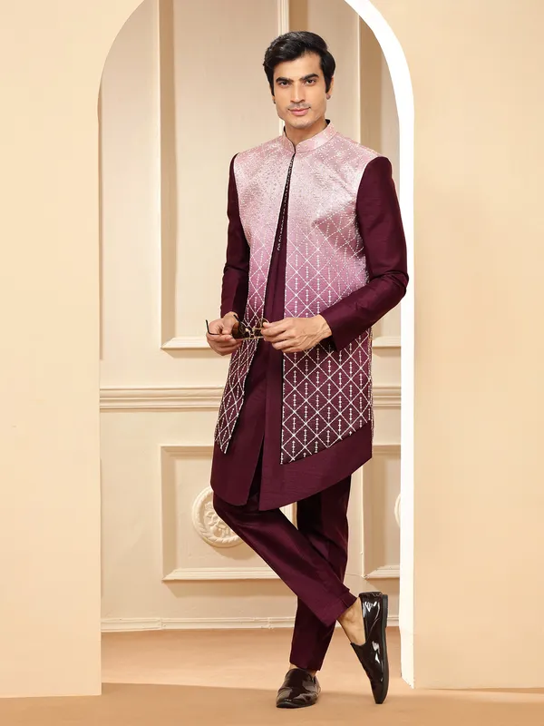 Stylish maroon raw silk indowestern