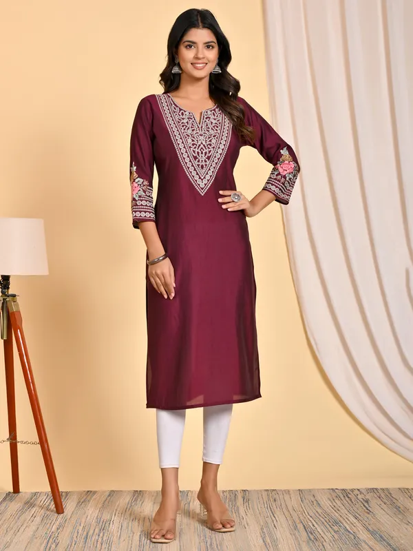 Stylish maroon silk embroidery kurti for women
