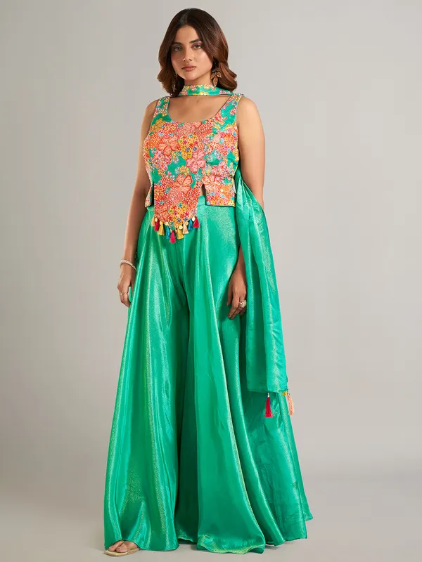 Stylish mint green silk palazzo suit for festive