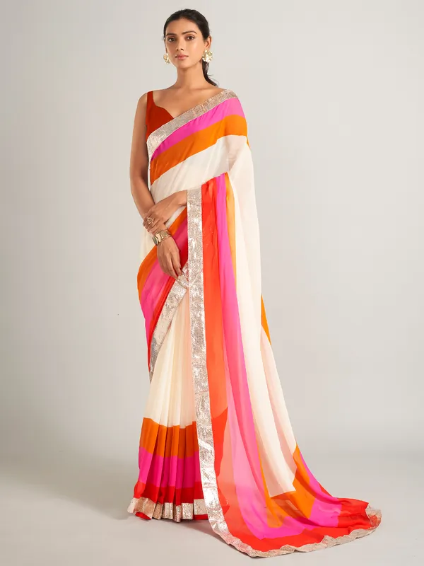 Stylish multicolour georgette saree with stripe