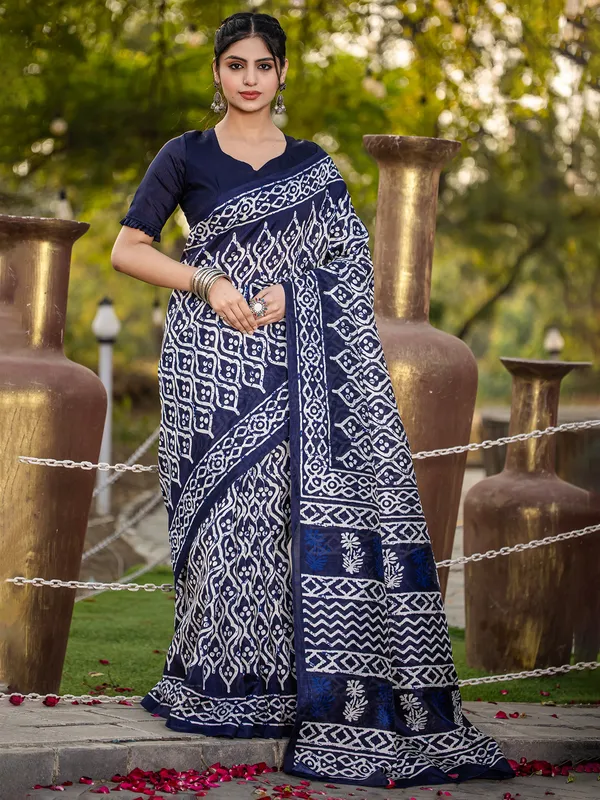 Stylish navy bhagalpuri silk saree with prints