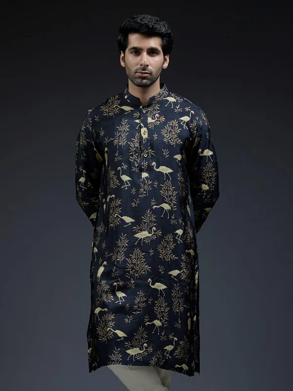 Black silk kurta suit in bird floral print