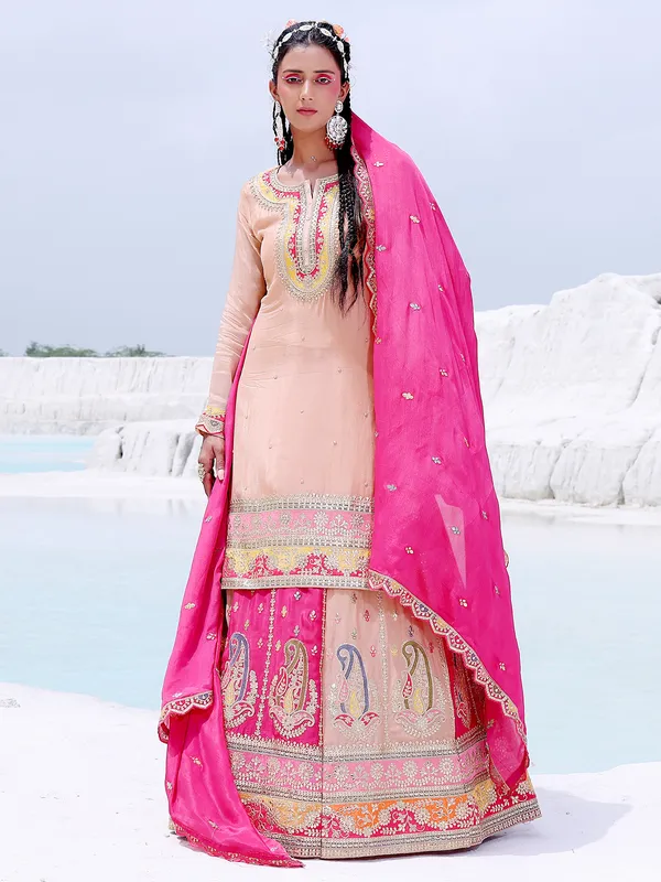 Stylish peach silk lehenga suit