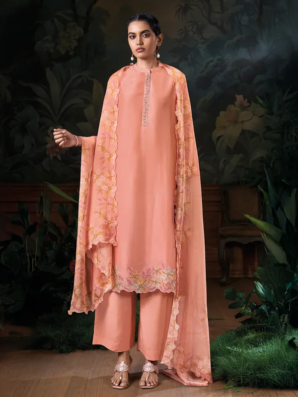Stylish peach silk palazzo suit with dupatta