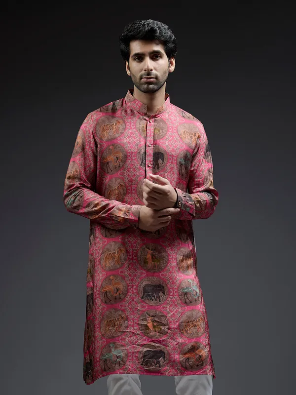 Stylish pink ajarakh printed silk kurta suit