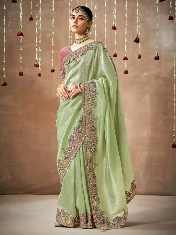 Stylish pista green dola silk saree