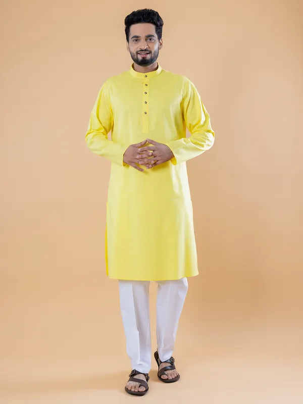 Stylish plain cotton  Men Kurta pajama in yellow