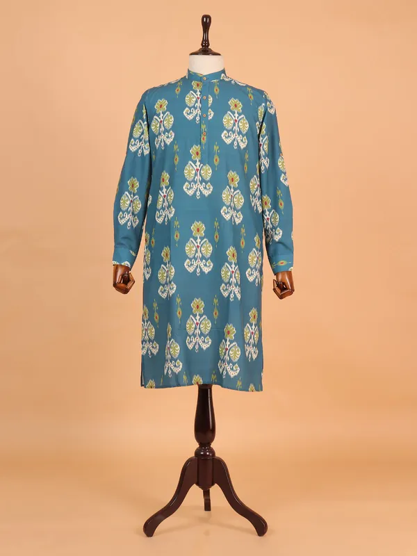 Stylish rama blue cotton kurta for men