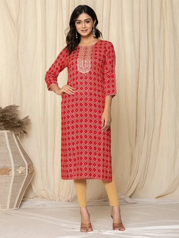 Stylish red printed kurti set in silk