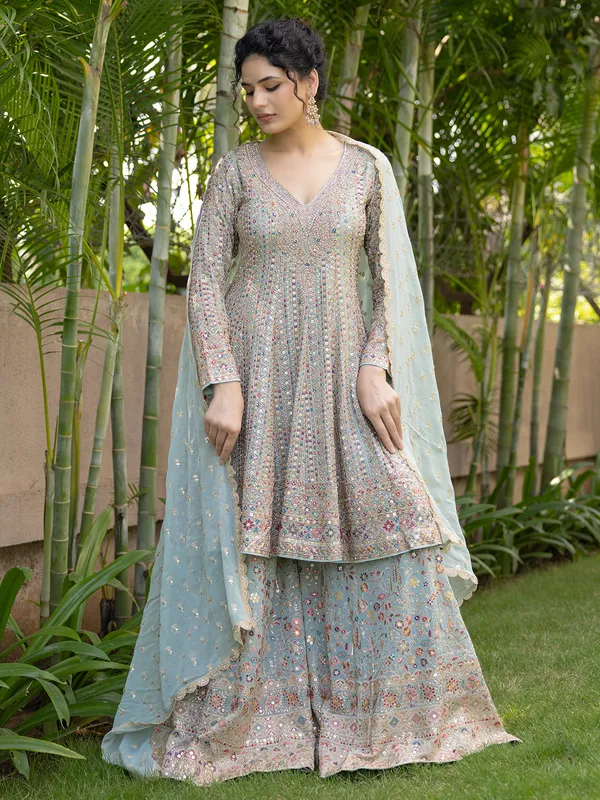 Stylish sea green georgette palazzo suit