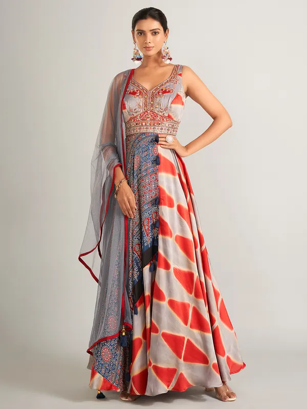 Stylish silk grey and red anarkali salwar suit