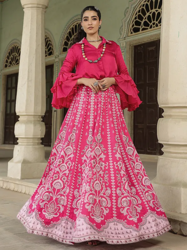 Stylish silk pink lehenga choli with print