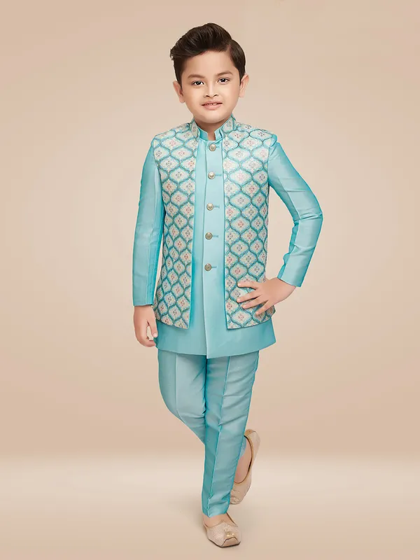 Stylish sky blue silk indowestern