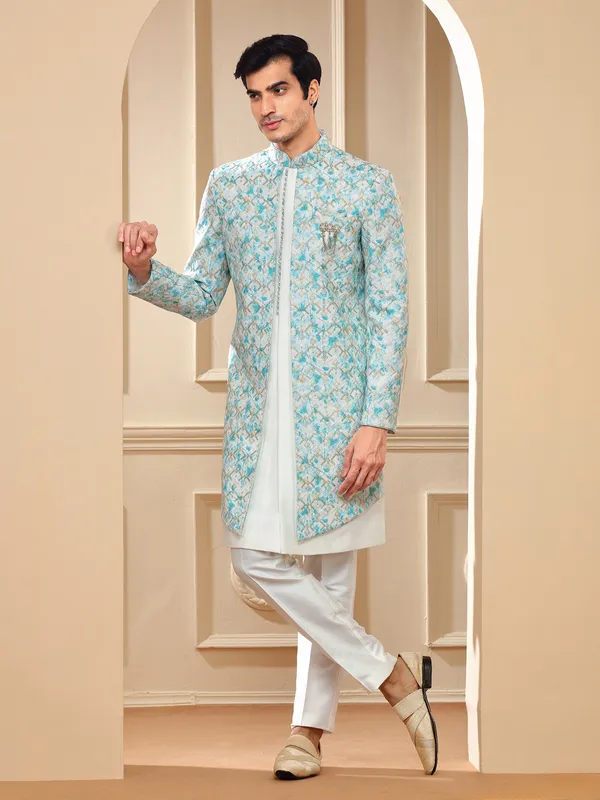 Stylish sky blue silk printed indowestern