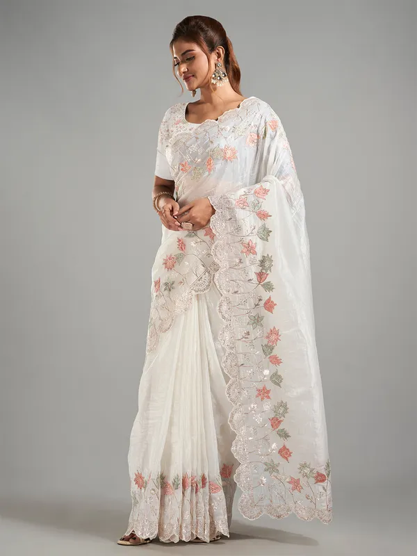 Stylish white tissue silk saree