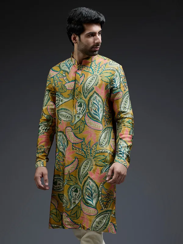Stylish yellow and green silk tropical printed kurta suit for men