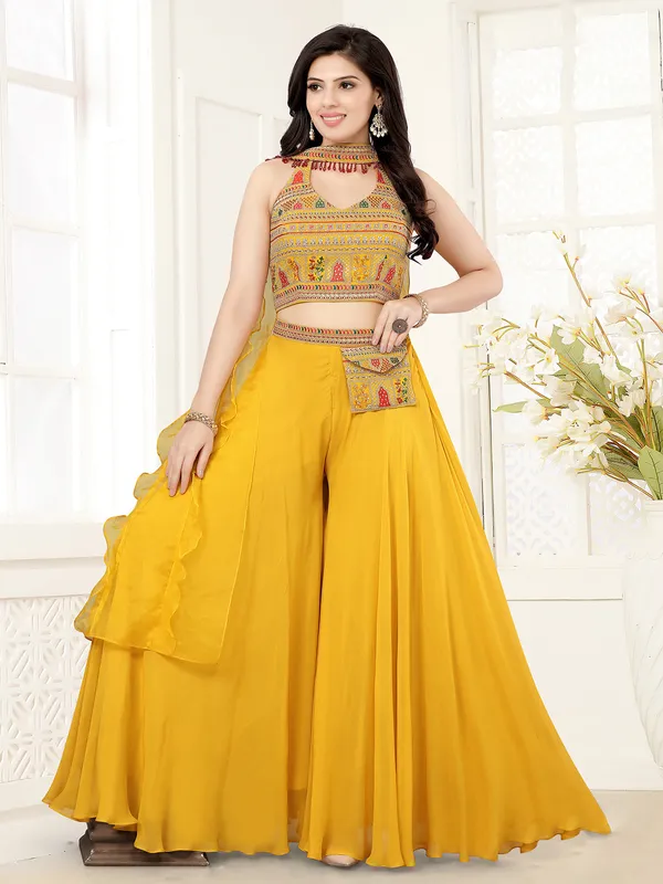 Stylish yellow crop top style palazzo suit