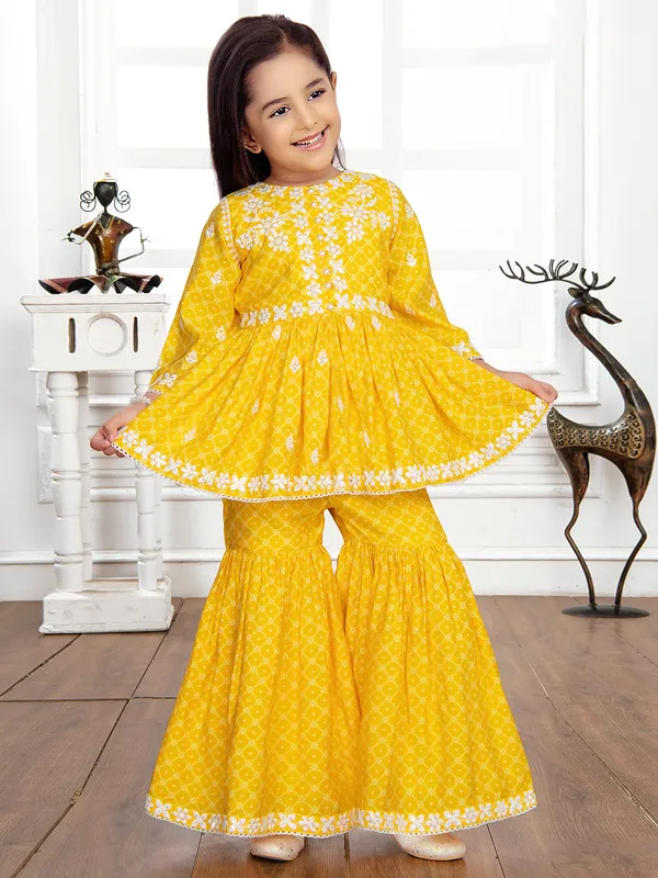 Stylish yellow printed cotton sharara suit