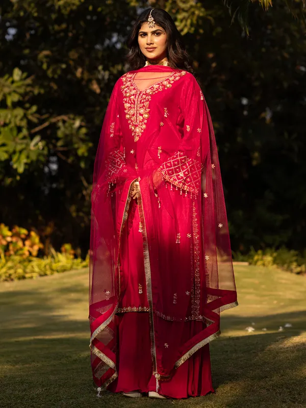 Sweet pink raw silk wedding palazzo suit