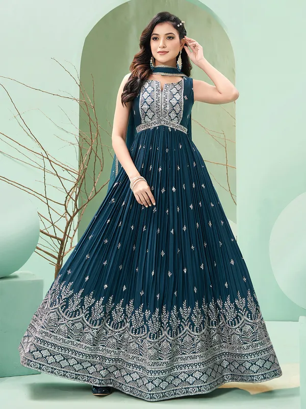 Teal blue anarkali suit with dupatta