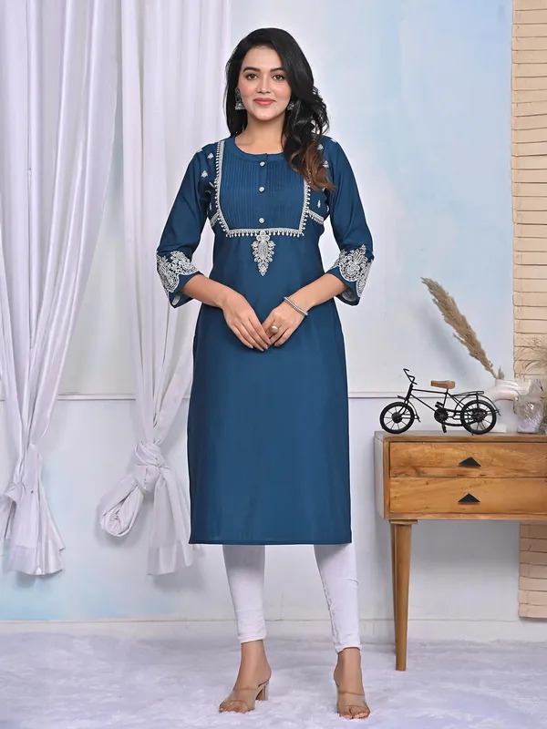 Teal blue casual cotton silk embroidery kurti