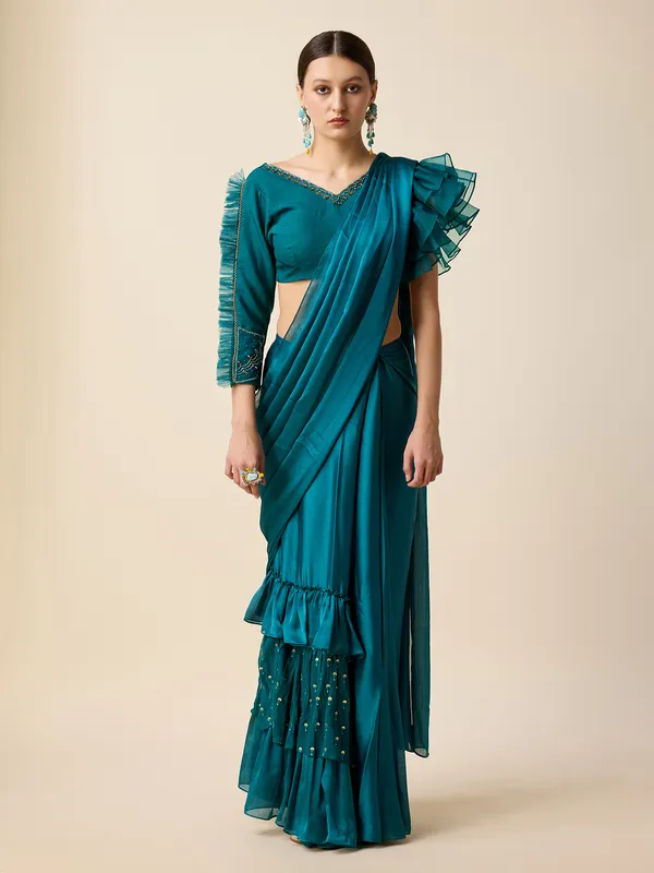 Teal blue chiffon ready to wear saree