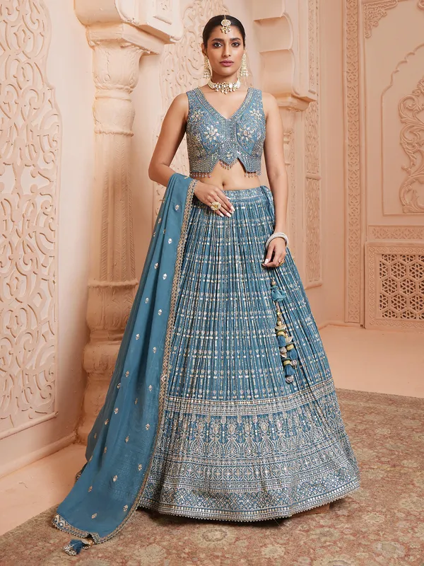 Teal blue chinnon choli with ready made blouse