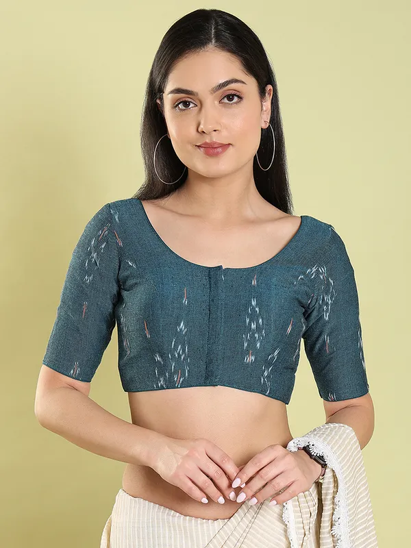 Teal blue cotton ikat printed blouse