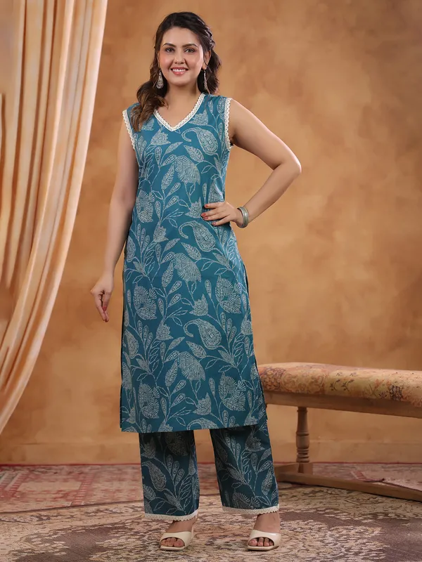 Teal Blue cotton kurti set for women