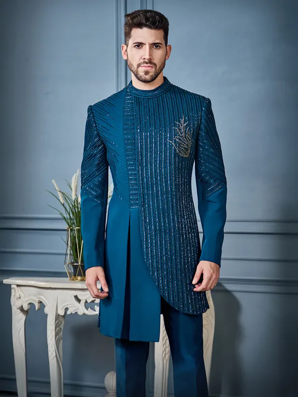Teal blue designer indo western in rayon fabric