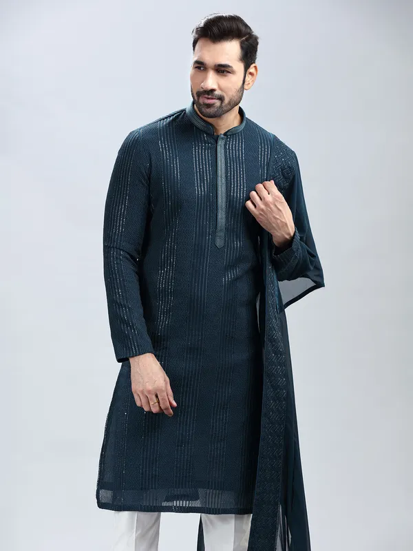 Teal blue embroidery kurta set with dupatta for men